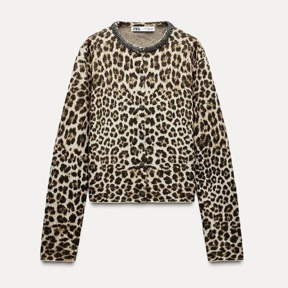 ZARA JACQUARD KNIT ANIMAL PRINT JEWELED NECKLINE CARDIGAN - Picture 7 of 9